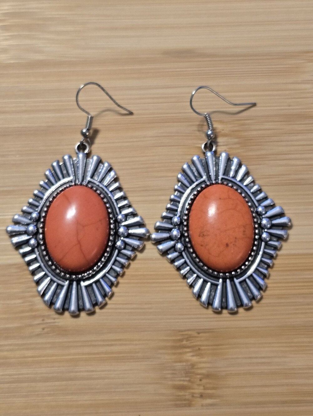 🧡Easy As Pioneer Orange Stone Earrings Boho Southwestern Silver Dangle